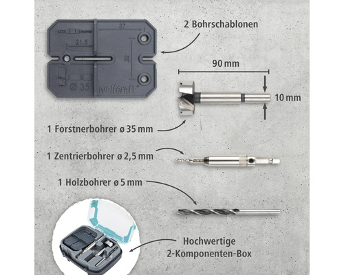 Wolfcraft Forstnerbohrer Set mit zwei Bohrschablonen, einem Forstnerbohrer mit 35 Millimeter Durchmesser, einem Zentrierbohrer mit 2,5 Millimeter Durchmesser, einem Holzbohrer mit 5 Millimeter Durchmesser und einer Werkzeugbox