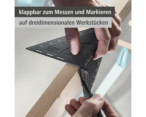 Wolfcraft Logo. Klappbarer Winkel zum Messen und Markieren von dreidimensionalen Werkstücken