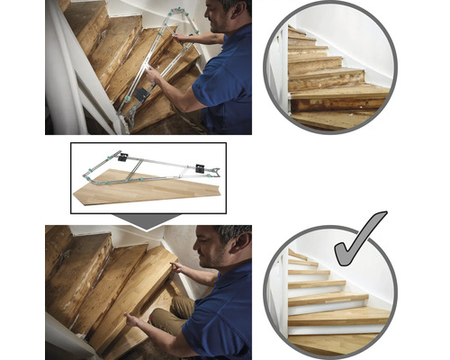 Demonstration der Treppenrenovierung mit einer Schablone und vorher-nachher Vergleich.