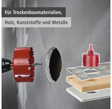 Bohrmaschine mit Lochsäge bohrt in Gipskartonplatten, Holz, Kunststoffe und Metalle