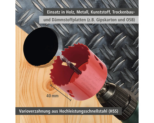 Lochsäge mit Bohrer zum Einsatz in Holz, Metall, Kunststoff, Trockenbau und Dämmstoffplatten mit 40 Millimeter Durchmesser