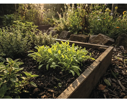 Hochbeet mit verschiedenen Kräutern und Pflanzen im Garten