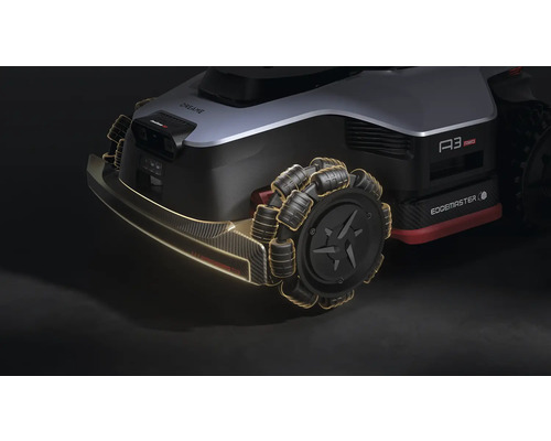 Detailansicht eines Mähroboters mit Fokus auf das Rad-Design