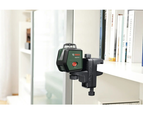 Bosch Logo, Linienlaser mit Halterung an einem Regal befestigt.