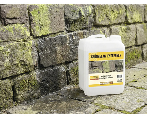 Kanister Grünbelag Entferner vor Steinwand mit Grünbelag