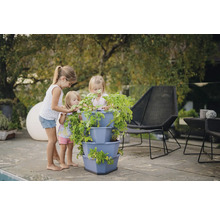 Drei Kinder betrachten eine bepflanzte Pflanzpyramide im Garten.