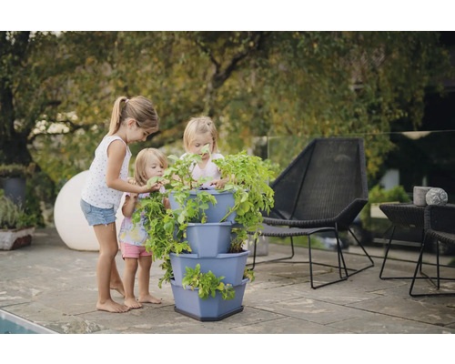 Drei Kinder betrachten eine bepflanzte Pflanzpyramide im Garten.