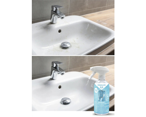 Vorher-Nachher-Ansicht eines Waschbeckens, gereinigt mit Badreiniger