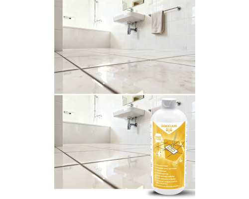 Vorher-Nachher-Ansicht eines Badezimmers mit Fliesenreiniger RAKKUUN Smart Fluid.