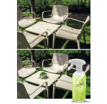 Vorher-Nachher-Ansicht einer Kunststoff-Sitzgruppe mit Kunststoffreiniger