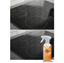 Vorher-Nachher-Ansicht eines Ceranfelds, gereinigt mit Küchenentfetter.