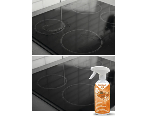 Vorher-Nachher-Ansicht eines Ceranfelds, gereinigt mit Küchenentfetter.