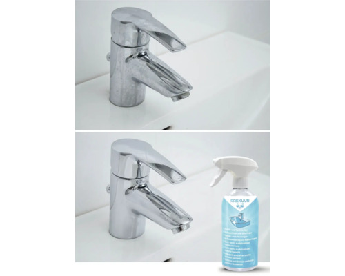 Vorher-nachher-Vergleich eines Wasserhahns mit Kalkreiniger und RAKKUUN Logo