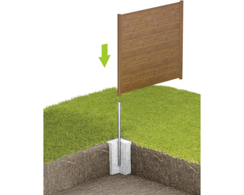 Illustration eines Zaunelements, das mit einem Pfostenträger im Boden verankert wird