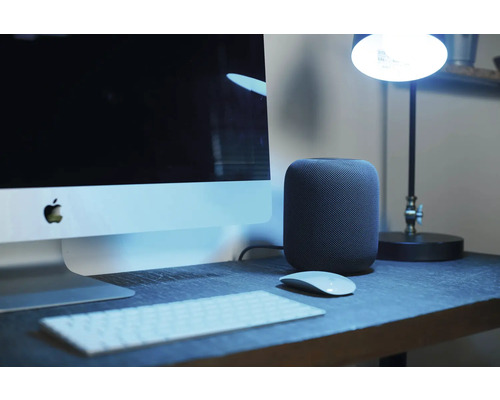 Arbeitsplatz mit Computer, Tastatur, Maus, Lautsprecher und Schreibtischlampe