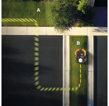 Draufsicht auf einen Rasenmähroboter, der einen Rasen mäht