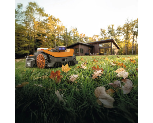 Rasenmähroboter auf Rasenfläche vor einem Haus