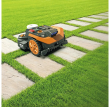 Rasenmähroboter auf Rasen und Steinplatten