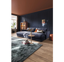 Wohnzimmer mit Sofa, Couchtisch und Teppich auf Holzboden