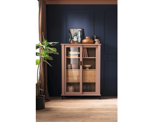 Schrank mit Glasschiebetüren und Holzschubladen vor einer Wand