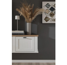 Wandhängender Schrank mit Dekoration, Tischlampe und Bild