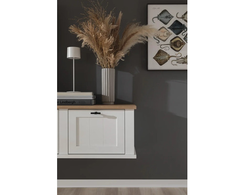 Wandhängender Schrank mit Dekoration, Tischlampe und Bild