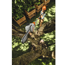 Eine Person benutzt eine Hochentaster-Kettensäge, um einen Baumast zu schneiden. Im Hintergrund sind Hochbeete zu sehen.