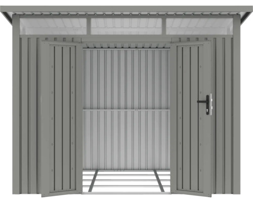 Geöffneter, grauer Metallgeräteschuppen