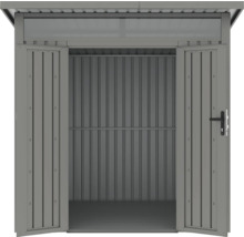 Geöffneter Geräteschuppen aus Metall für den Garten