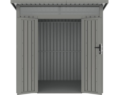 Geöffneter Geräteschuppen aus Metall für den Garten