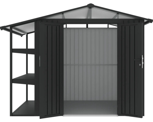 Gartenschrank aus Metall mit Regalen und Doppeltür für den Aussenbereich.