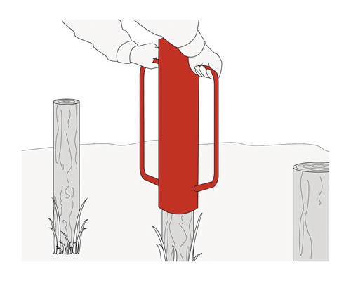Illustration eines Pfostentreibers im Einsatz zum Einschlagen eines Holzpfostens.