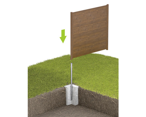 Illustration eines Zaunpfostens, der in ein Betonfundament eingesetzt wird, mit einem Pfeil, der die Richtung anzeigt