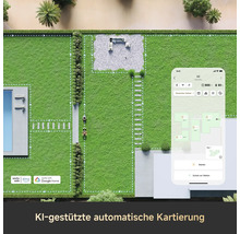 Draufsicht eines Gartens mit Rasenmähroboter und Smartphone-App zur automatischen Kartierung