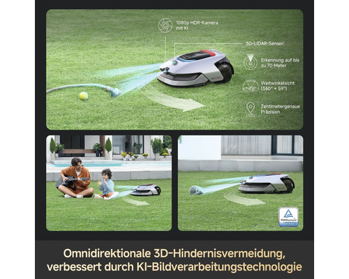 Rasenmähroboter mit Hindernisvermeidung, 3D-LIDAR Sensor, 1080p HDR Kamera, Weitwinkelsicht und TÜV Rheinland Zertifikat