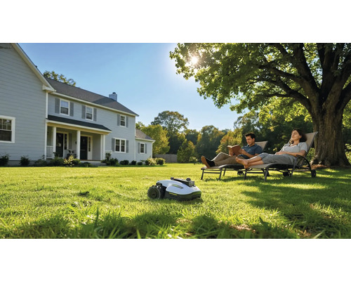 Szene mit Rasenmähroboter, Paar beim Entspannen im Garten und Wohnhaus