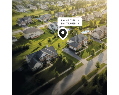 Luftaufnahme einer Wohngegend mit Häusern, Gärten und Straßen