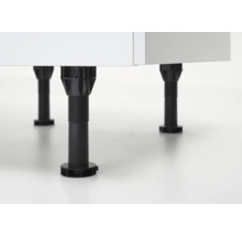 Höhenverstellbare Möbelfüße aus schwarzem Kunststoff.