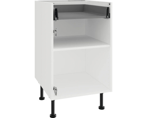 Küchenunterschrank mit einem Einlegeboden und einer Innenschublade auf schwarzen verstellbaren Füßen.