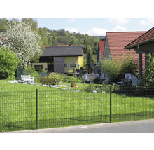 Ein grüner Doppelstabmattenzaun umfriedet ein Grundstück mit Häusern und Gärten.