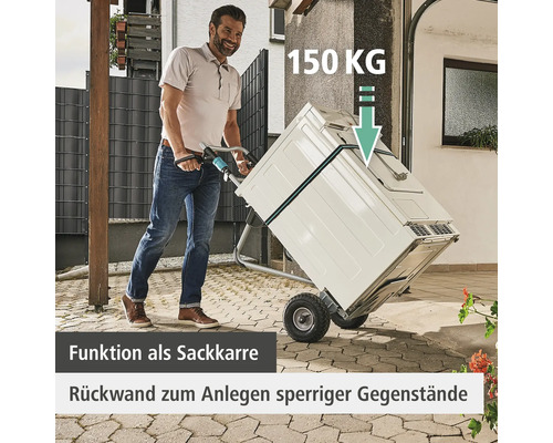 Mann transportiert Waschmaschine mit einer Sackkarre, die bis zu 150 Kilogramm tragen kann