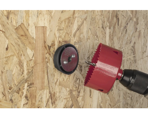 Wolfcraft Lochsäge mit Zentrierbohrer und Aufnahme an Holzplatte
