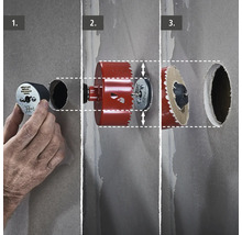 Drei Schritte zum Bohren eines Lochs mit einer Lochsäge in eine Wand.