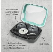 Wolfcraft Lochsägen-Zentrierungsset mit drei Bohrlehren, drei Stahlbohrbuchsen und Eindrehhilfe in einer Box.