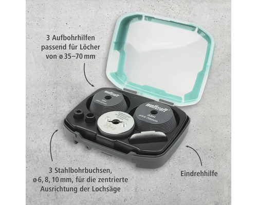 Wolfcraft Lochsägen-Zentrierungsset mit drei Bohrlehren, drei Stahlbohrbuchsen und Eindrehhilfe in einer Box.