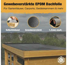 Gewebeverstärkte EPDM Dachfolie auf Gartenhaus, selbstklebend und 1,3 Millimeter stark