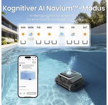 Poolreinigungsroboter im Wasser mit Smartphone-App zur Wochenplanung