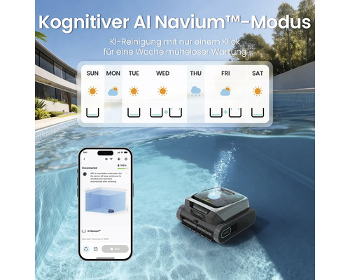 Poolreinigungsroboter im Wasser mit Smartphone-App zur Wochenplanung