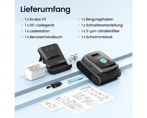Lieferumfang des Aiper Scuba V3 Poolreinigers mit Ladestation, DC-Ladegerät, Benutzerhandbuch, Bergungshaken, Schnellstartanleitung, 3-µm-Ultrafeinfilter und Schwimmblock.