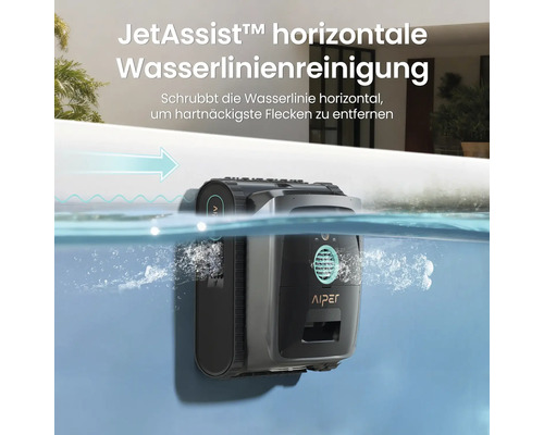Aiper Logo auf einem automatischen Poolreiniger im Einsatz zur Reinigung der Wasserlinie